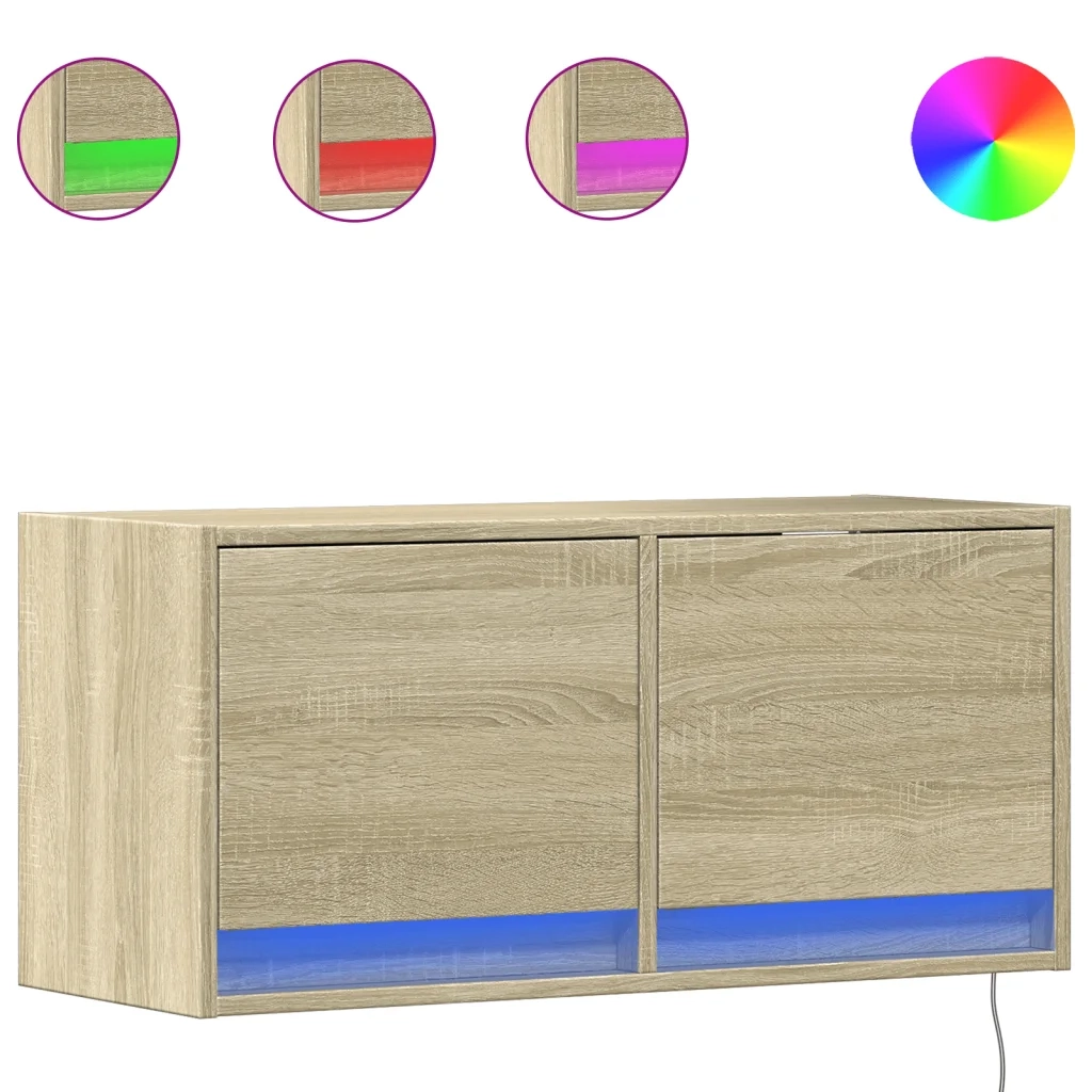 vidaXL Mobile TV a Parete con Luci LED Rovere Sonoma 80x31x35 cm