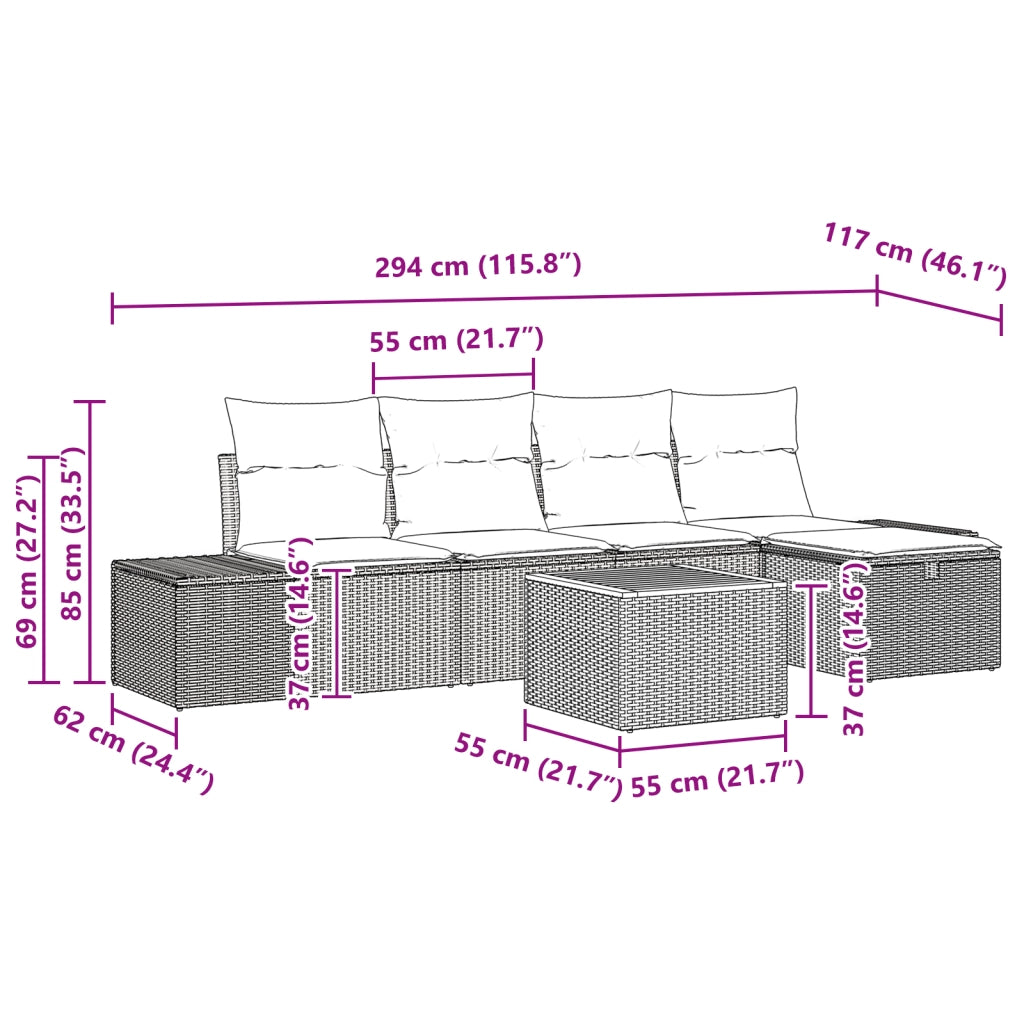 Set Divano da Giardino 6 Pezzi con Cuscini Polyrattan Nero