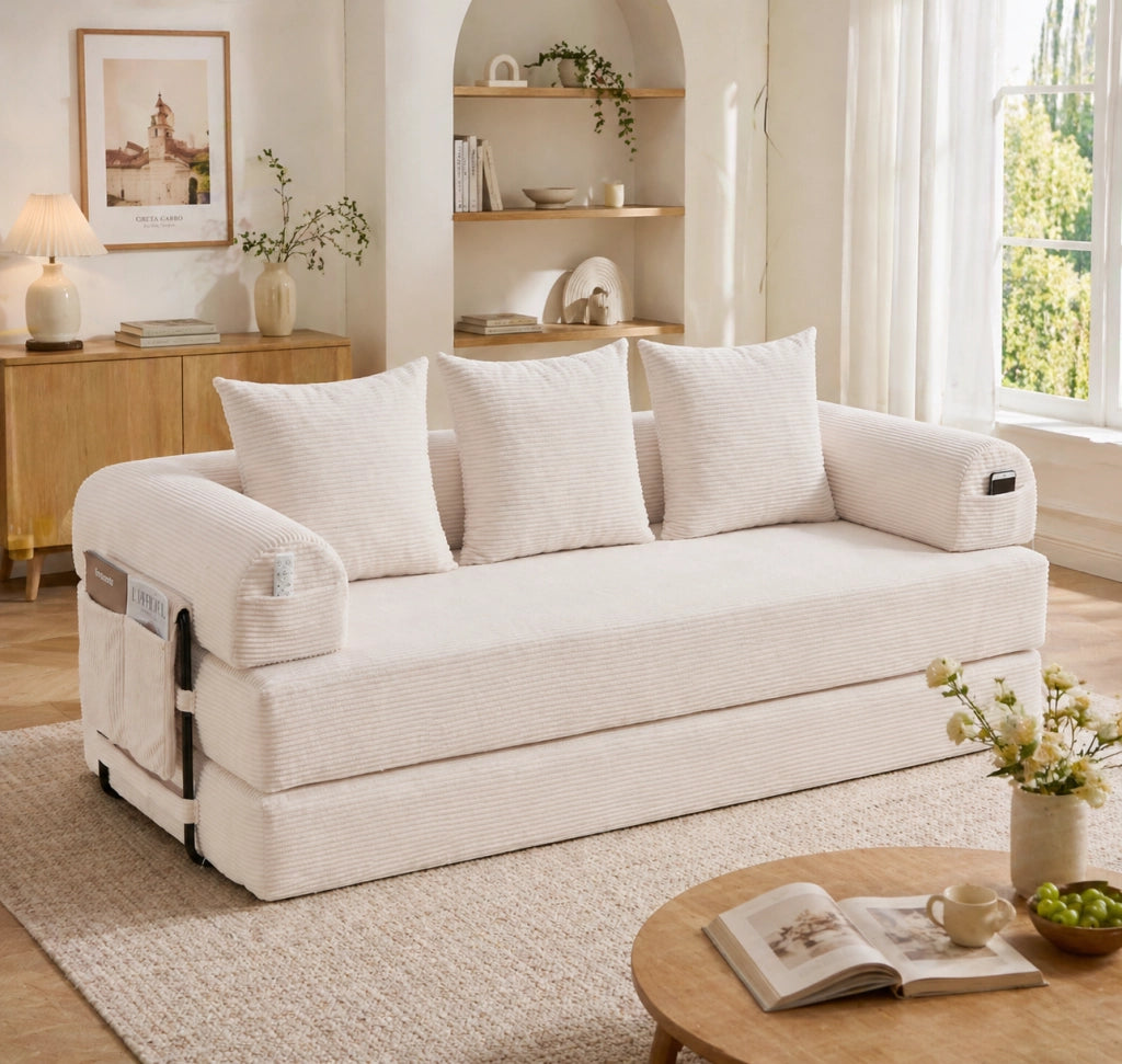 Divano modulare con tasca laterale e 3 cuscini struttura in metallo e velluto a coste per soggiorno beige