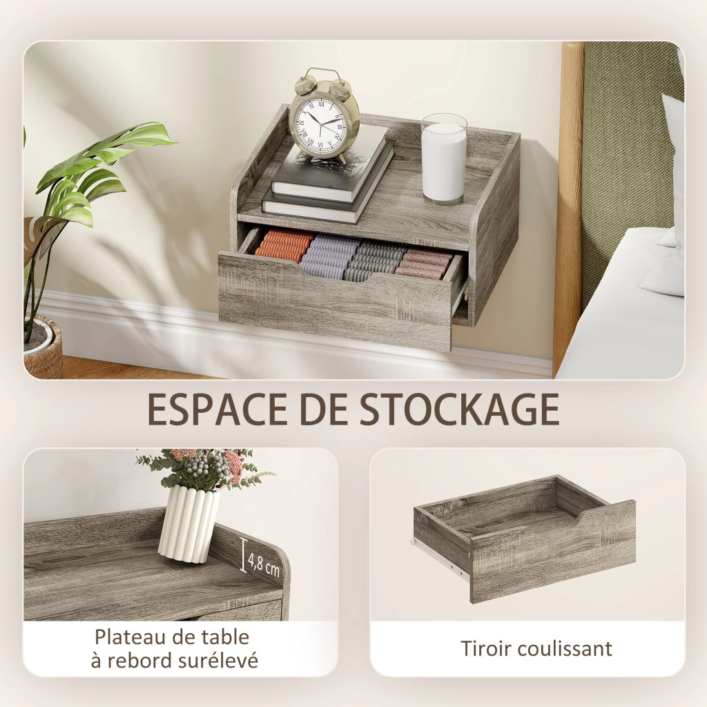 Comodino da parete con cassetto e bordo rialzato ¨C Minimal ¨C 40x30x19,5cm, grigio