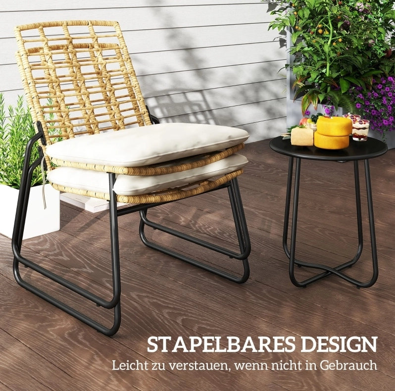 Set di mobili da giardino in rattan 3 pezzi con 2 sedie impilabili e tavolo, per balcone e terrazza, beige e marrone