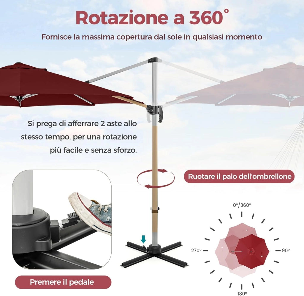 Ombrellone da Giardino 339 cm, Ombrello da Giardino Rotondo con Rotazione a 360°, Ombrellone da Giardino Inclinabile con Base, Ombrello da Sole per Giardino, Patio (Rosso)