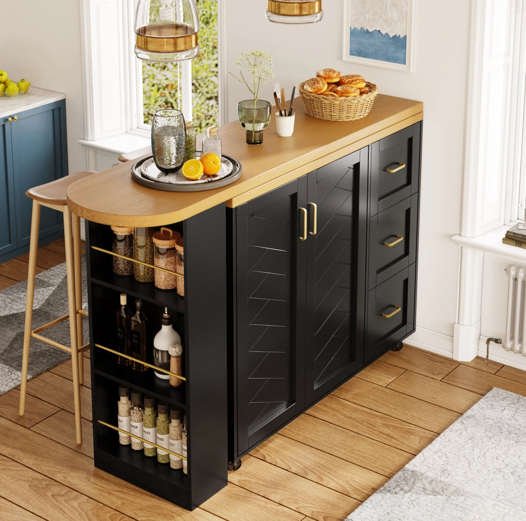 Carrello bar allungabile 135-228 cm con 2 ante e 3 cassetti nero HOMVRA
