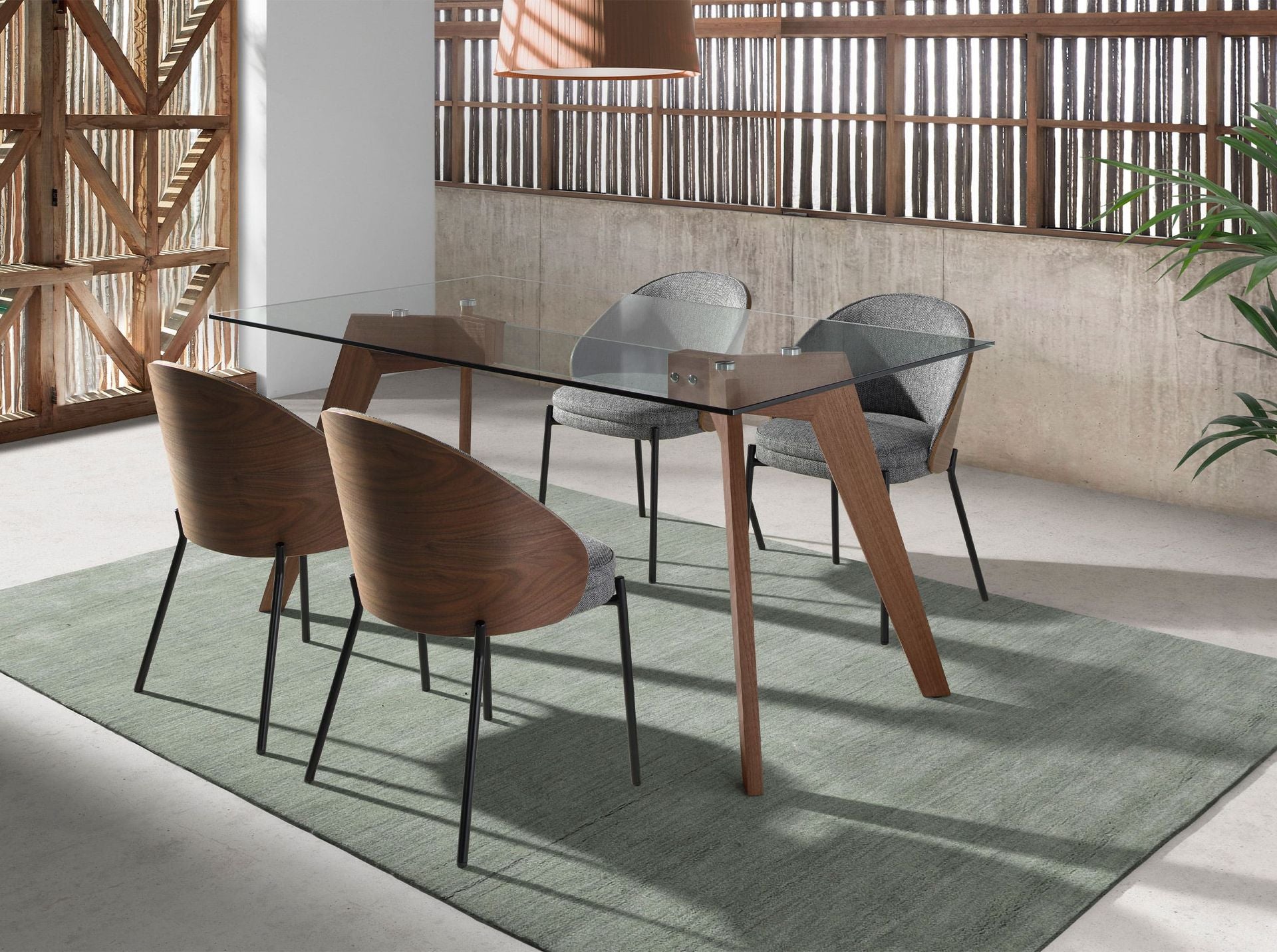 Tavolo da pranzo rettangolare vetro temperato e noce