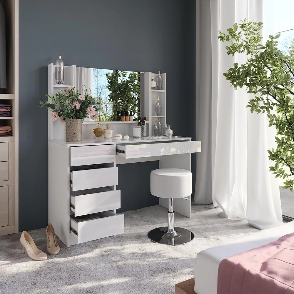 Tavolo da toeletta Sherry, Bianco/bianco lucido, 119.8 cm 5 parti