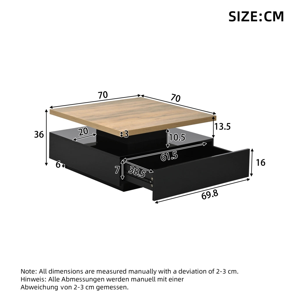 TAVOLO DA SALOTTO Girevole 360° 70x70x36 cm Noce e Nero Lucido con cassetto