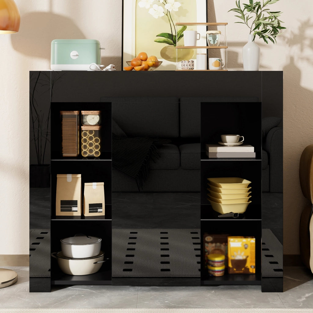 Credenza moderna nera con frontale lucido e ripiani in vetro; 95x35x83 cm