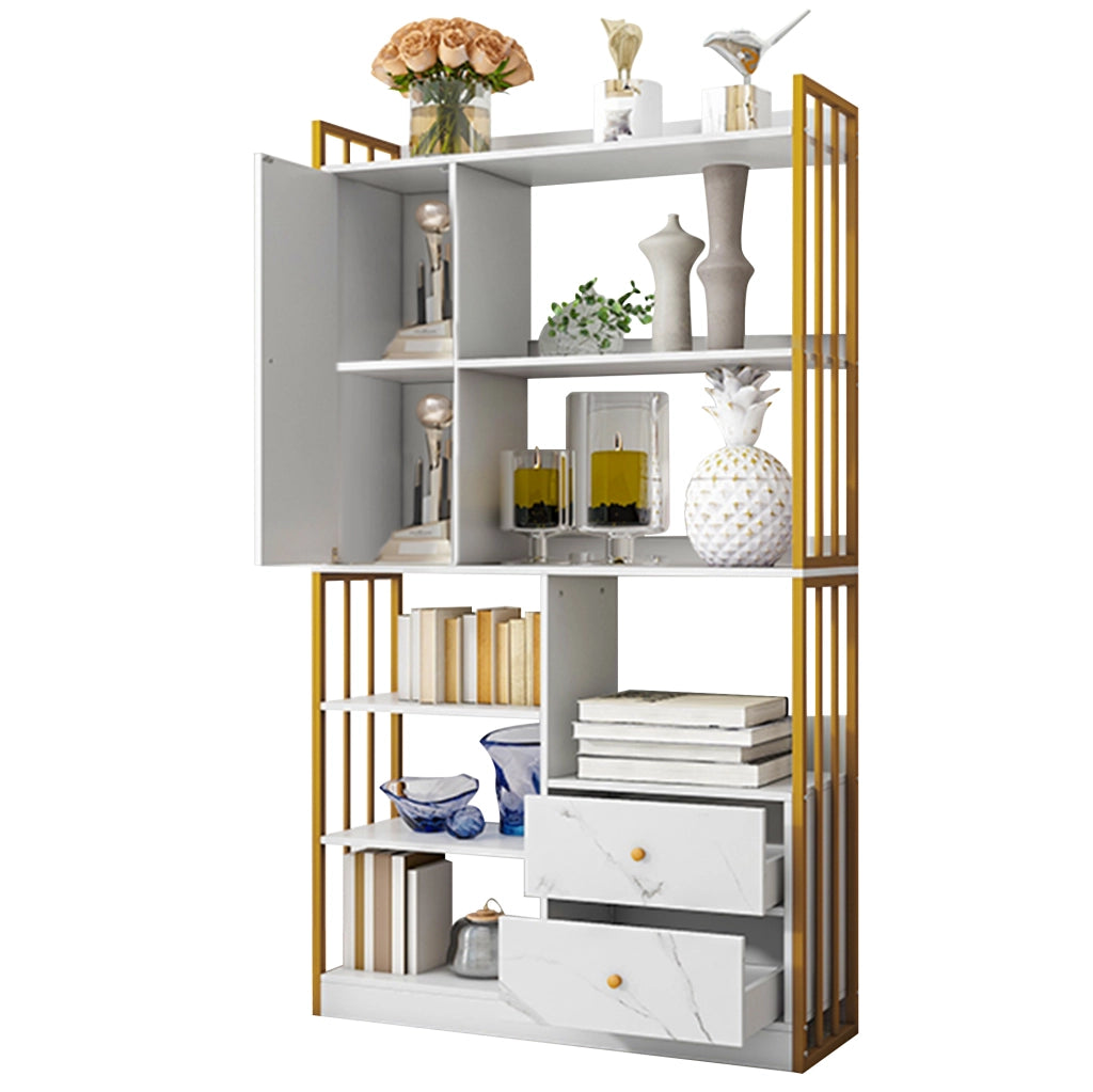 Libreria  100 x 30 x 173,5 cm bianco e oro – 6 ripiani, ante e cassetti