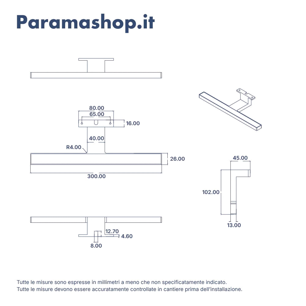 Applique led 30cm universale in abs nero per specchi filolucido e con cornice | Aura