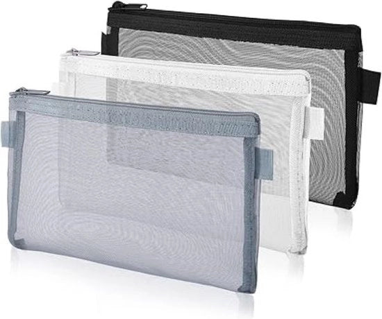 Etui 3 pezzi trasparente contenitore matite con chiusura a raccordo e rete nylon per pennarelli contenitore per carta da lettere per ufficio e scuola accessorio cosmetico
