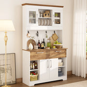 Credenza buffet per cucina con vetrinette, 2 cassetti e ganci in pannello truciolare bianco e legno 106 × 39 × 176,5 cm