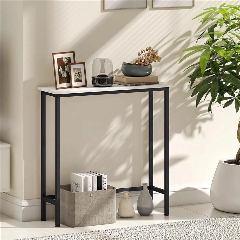 TAVOLO CONSOLLE DA INGRESSO CON PIANO EFFETTO MARMO, IN LEGNO E ACCIAIO, 75X24X76 CM, BIANCO E NERO