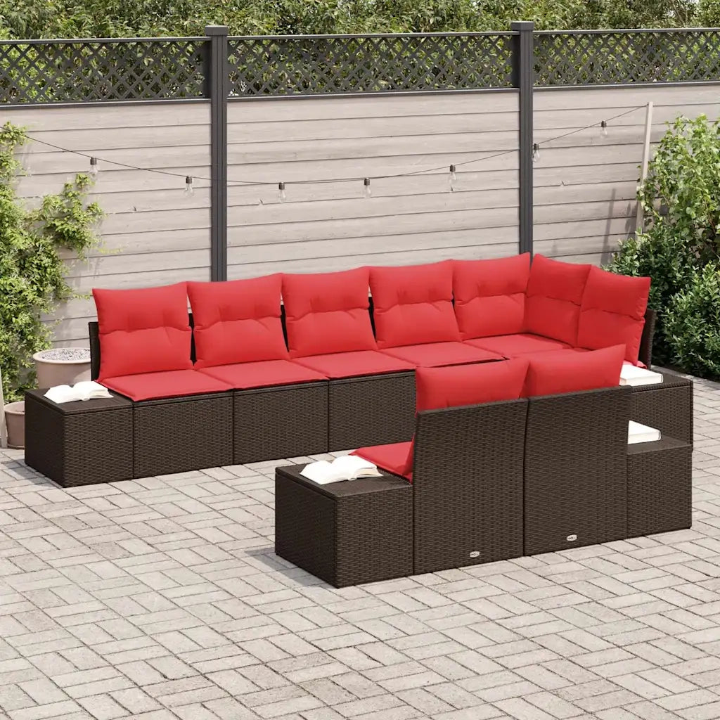 Set Divano da Giardino 8 pz Marrone e Rosso Poly Rattan 3355783