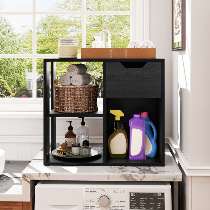 Scaffale di stoccaggio espositivo in legno a 2 livelli per soggiorno-Libreria a 3 cubi con cassetto estraibile Nero