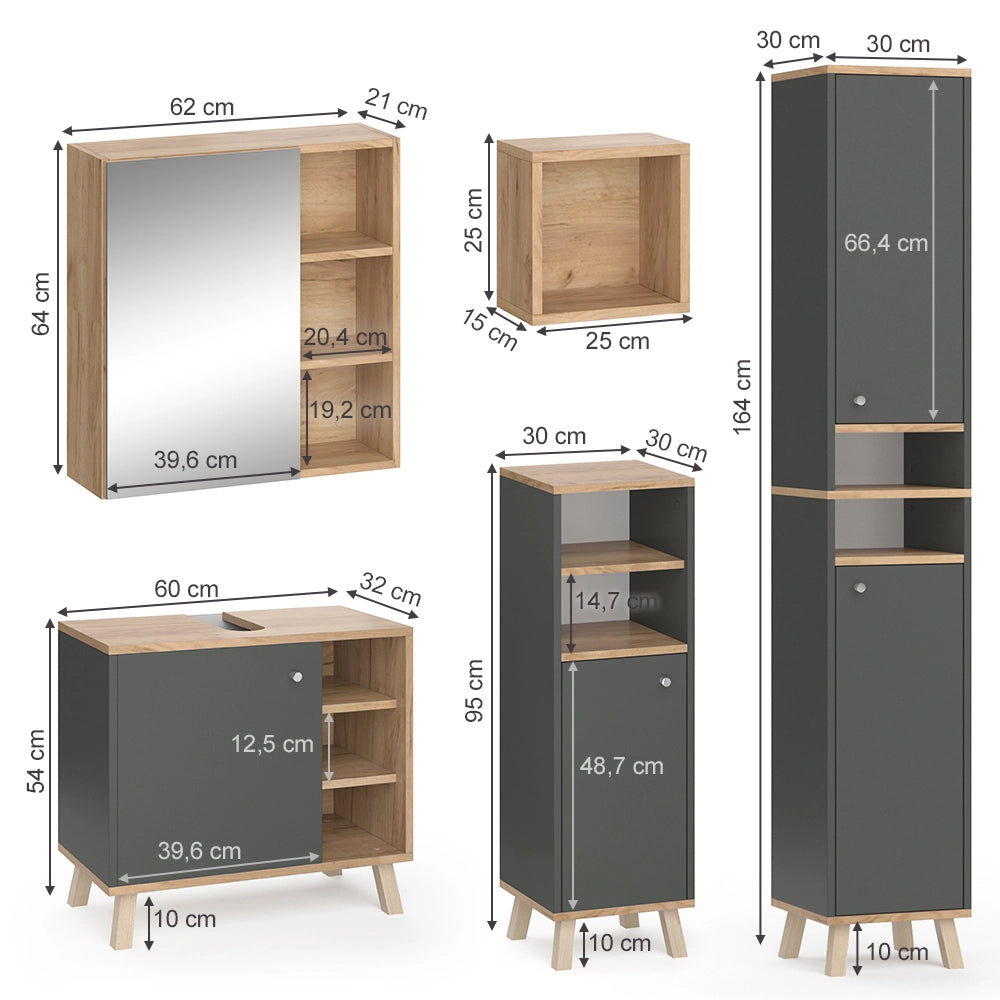 Vicco Set mobili bagno Antracite 5 parti, con armadio alto