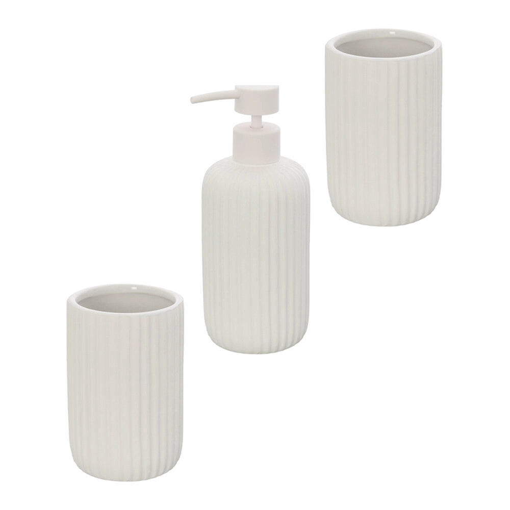Set accessori bagno in ceramica bianca con dispenser sapone e due portaspazzolini Spring
