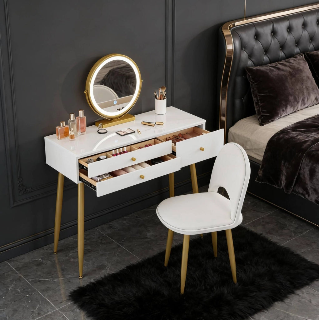 Tavolo trucco con specchio LED, 3 cassetti e sedia