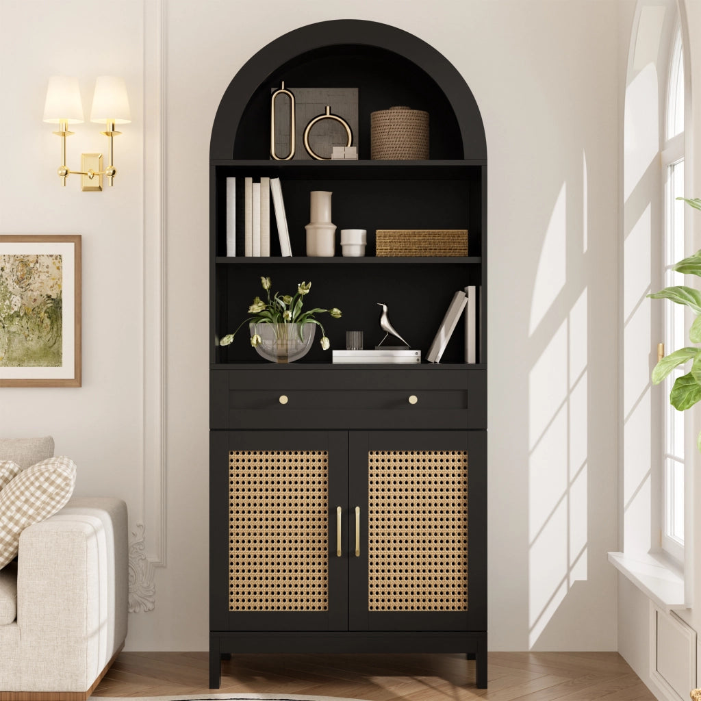 Mobile vetrina ad arco con ante in stile rattan, 170 cm, nero + effetto legno, con 3 vani a vista, 1 cassetto e 2 ante