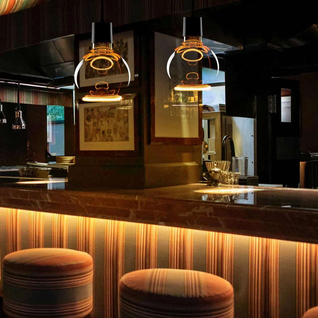 Lampadina design MOON lampada LED E27 6W dimmerabile vetro fume luce gialla 1900K pizzeria bar diametro 150mm