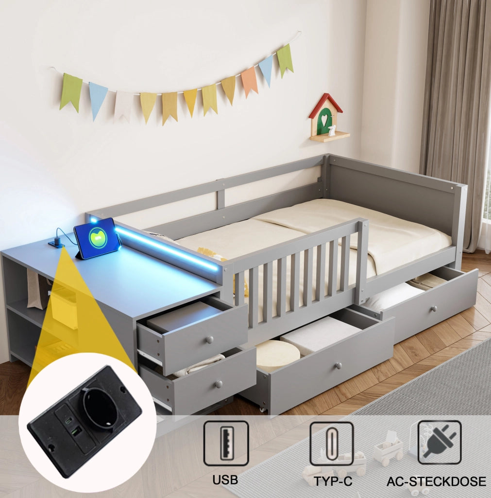 Letto a soppalco per bambini 90 x 200 cm con contenitore separato; LED e presa; grigio