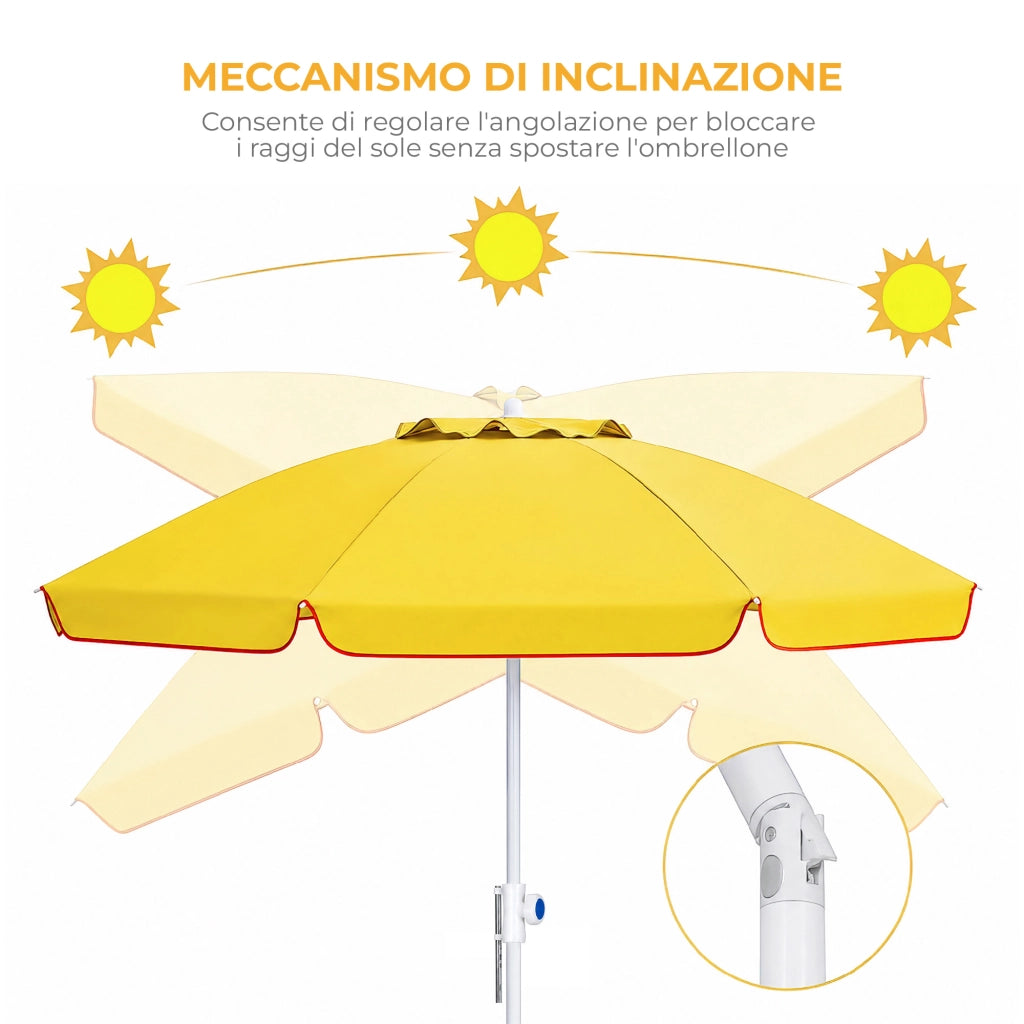 Ombrellone Mare Maxi 220 cm con Protezione UV, Palo a Vite e Inclinazione Regolabile, Parasole da Spiaggia con Presa d'Aria Antivento, Stecche Resistenti e Custodia Trasporto Giallo