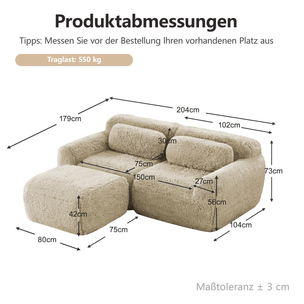 Divano Modulare 2 Posti Divano ad Angolo con Pouf Riconfigurabile in Peluche Cachi Chiaro