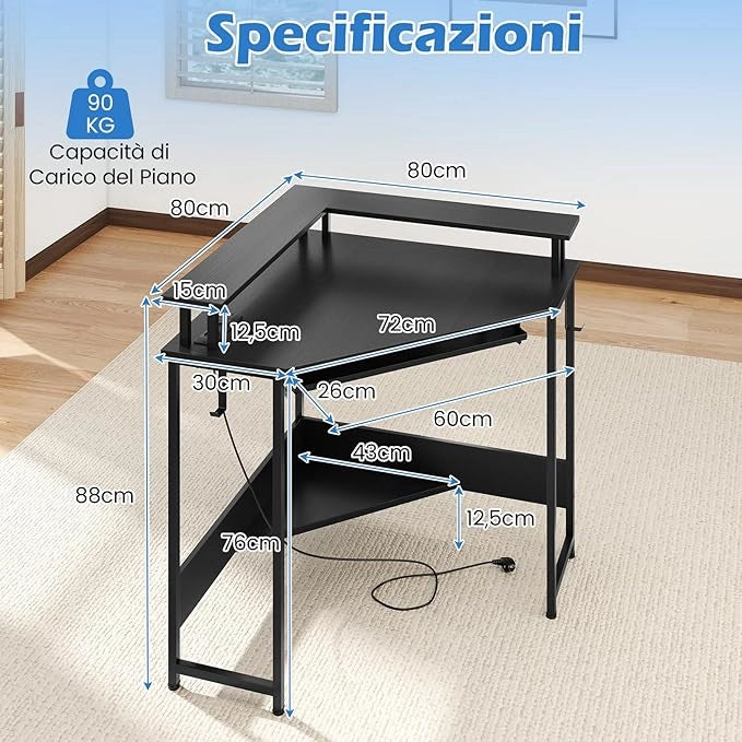 Scrivania per Computer, Scrivania Gaming Triangolare con Stazione di Ricarica, LED, Vassoio per Tastiera e Supporto per Monitor, 80 x 80 x 88 cm, Desk Salvaspazio con Ganci e Scaffale (Nero)