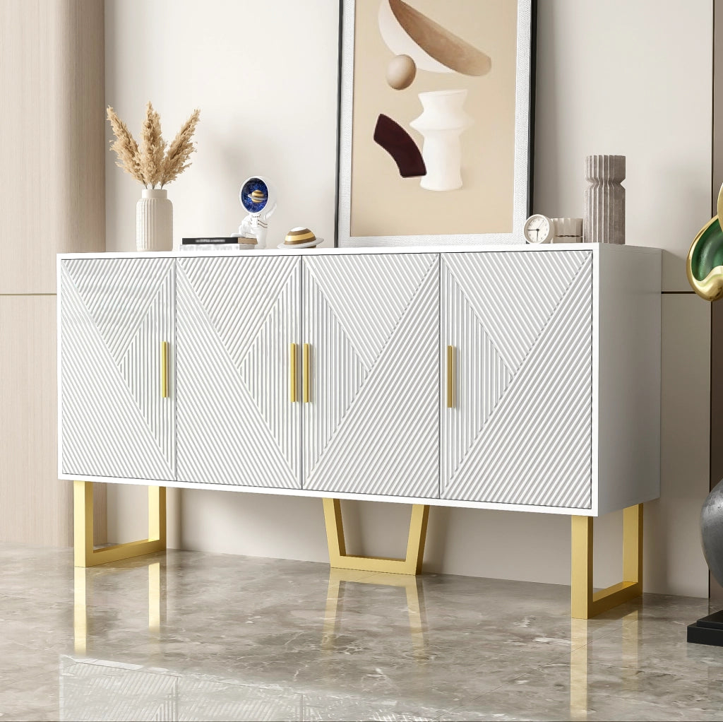 Credenza 150x40x82 cm bianca in MDF e pannello truciolare, 4 ante