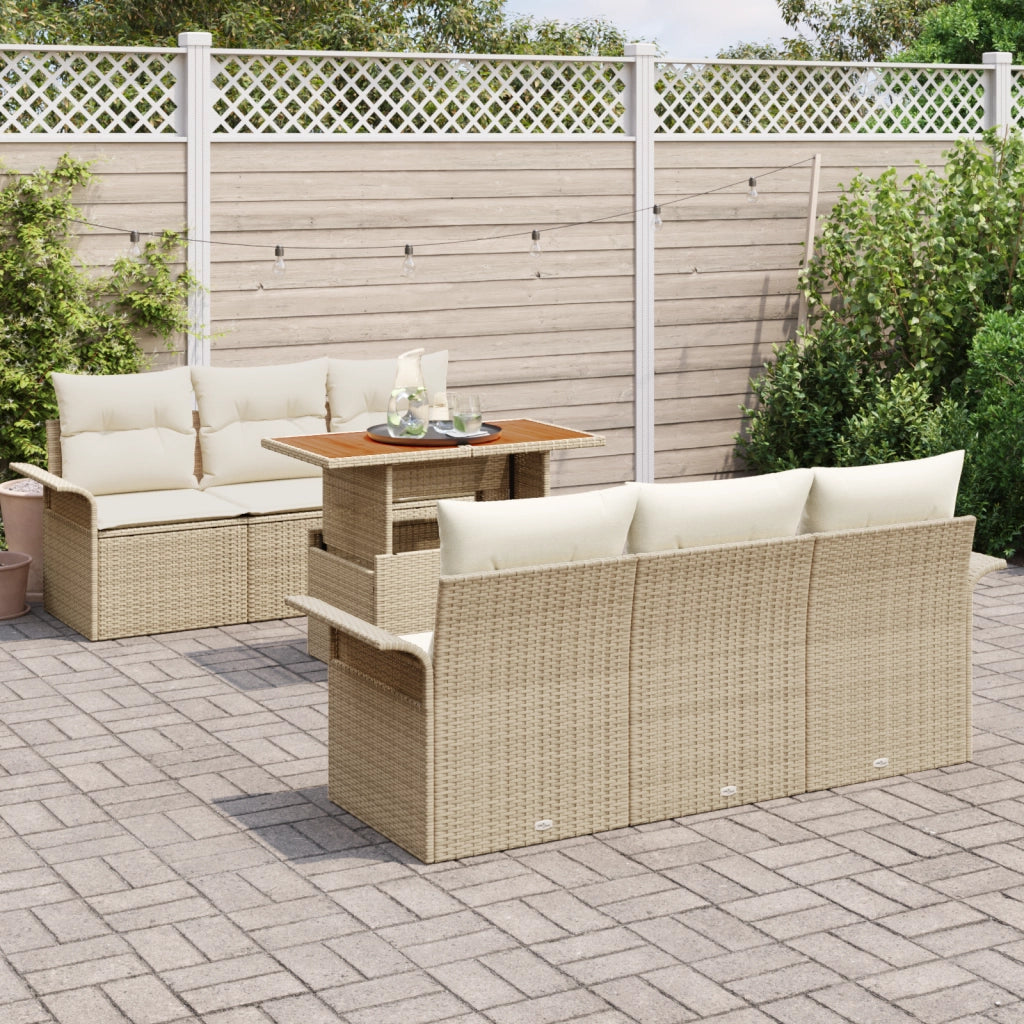 Set di Divano da Giardino da 7 Pezzi con Cuscini Beige in Rattan Polietilene