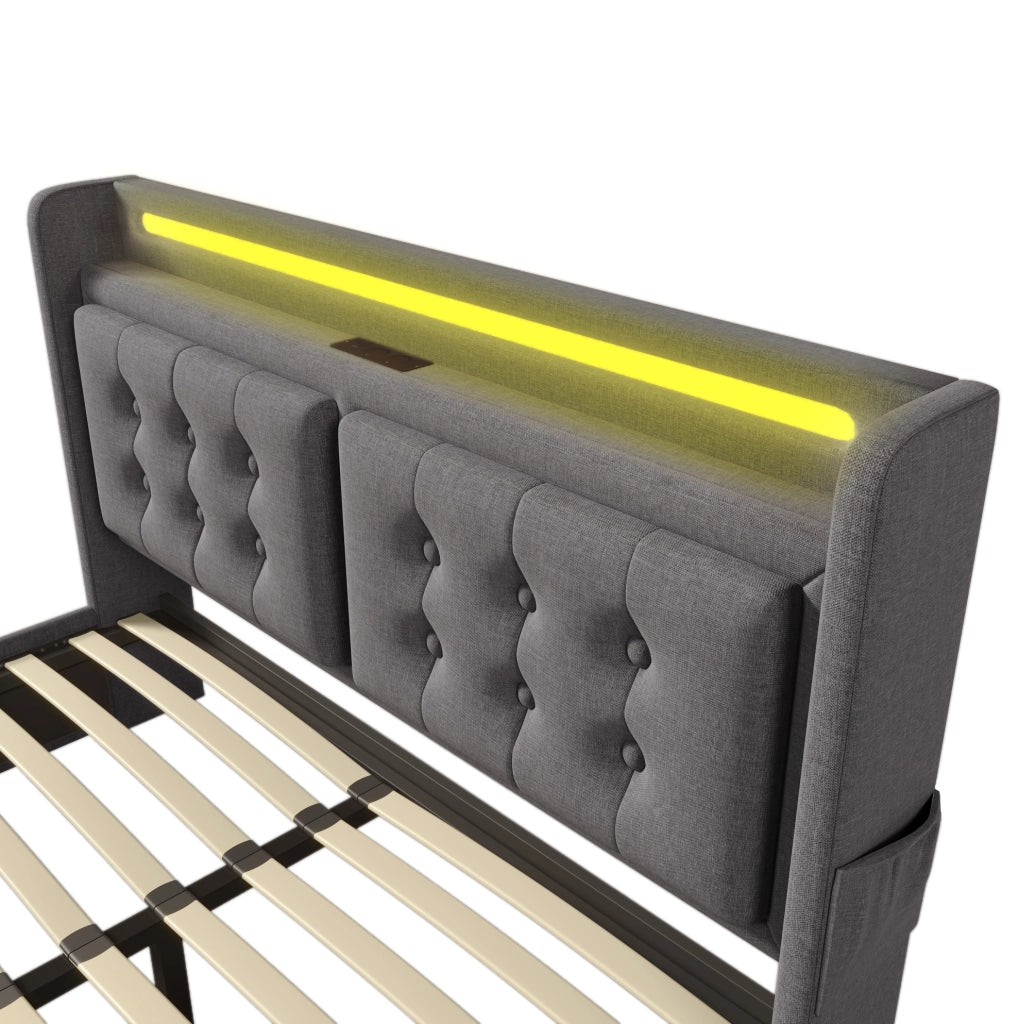 Letto matrimoniale 180x200 cm con LED; USB e USB-C; 4 cassetti e testiera con mensole; grigio