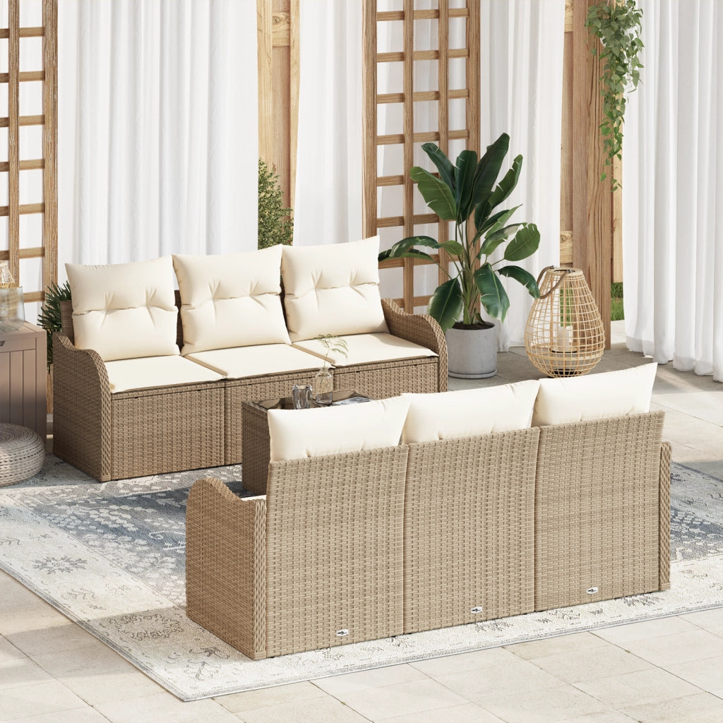 Set Divano da Giardino a 7 Pezzi con Cuscini Beige Polyrattan