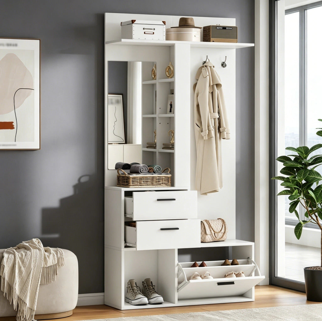Mobile guardaroba con specchio, scarpiera e cassetti 90x30x180 cm bianco