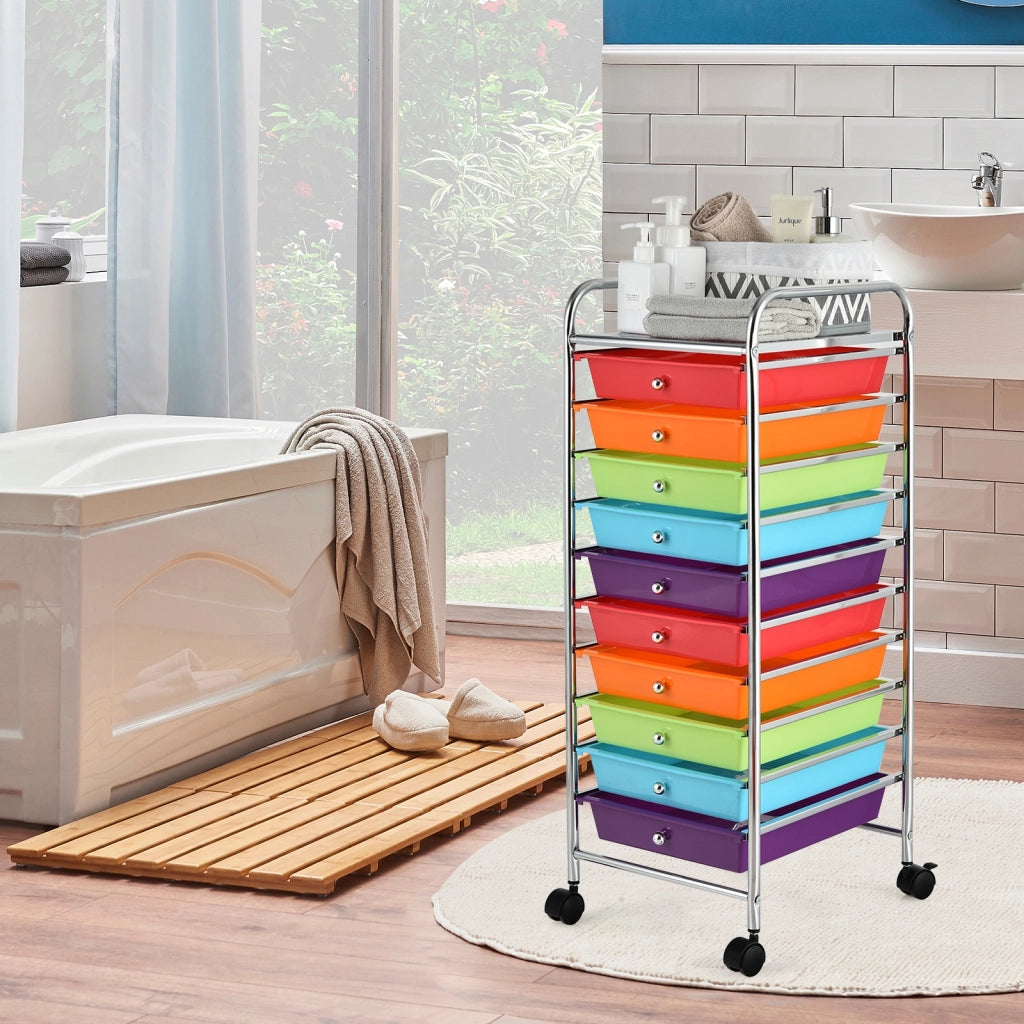 Carrello cassettiera multiuso con 10 cassetti da cucina, Contenitore con ruote a 10 ripiani per bagno Colorato scuro
