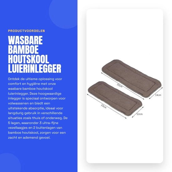 Luierinlegger in Bamboe Houtskool - Super Assorbente - Dimensione M - Adatto per Adulti - 5 Strati - Comfortevole e Sicuro
