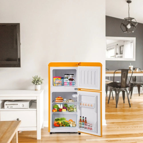 Frigorifero retrò; congelatore; doppia porta; volume totale 60L; vano congelatore 22L; luce LED; efficiente energetico; giallo antico