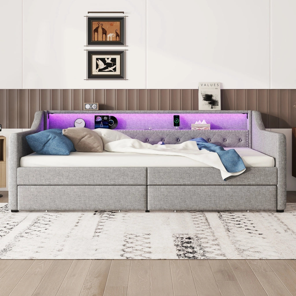 Letto con cassetti singolo 90×200 cm con LED regolabile e USB; senza materasso; lino; grigio