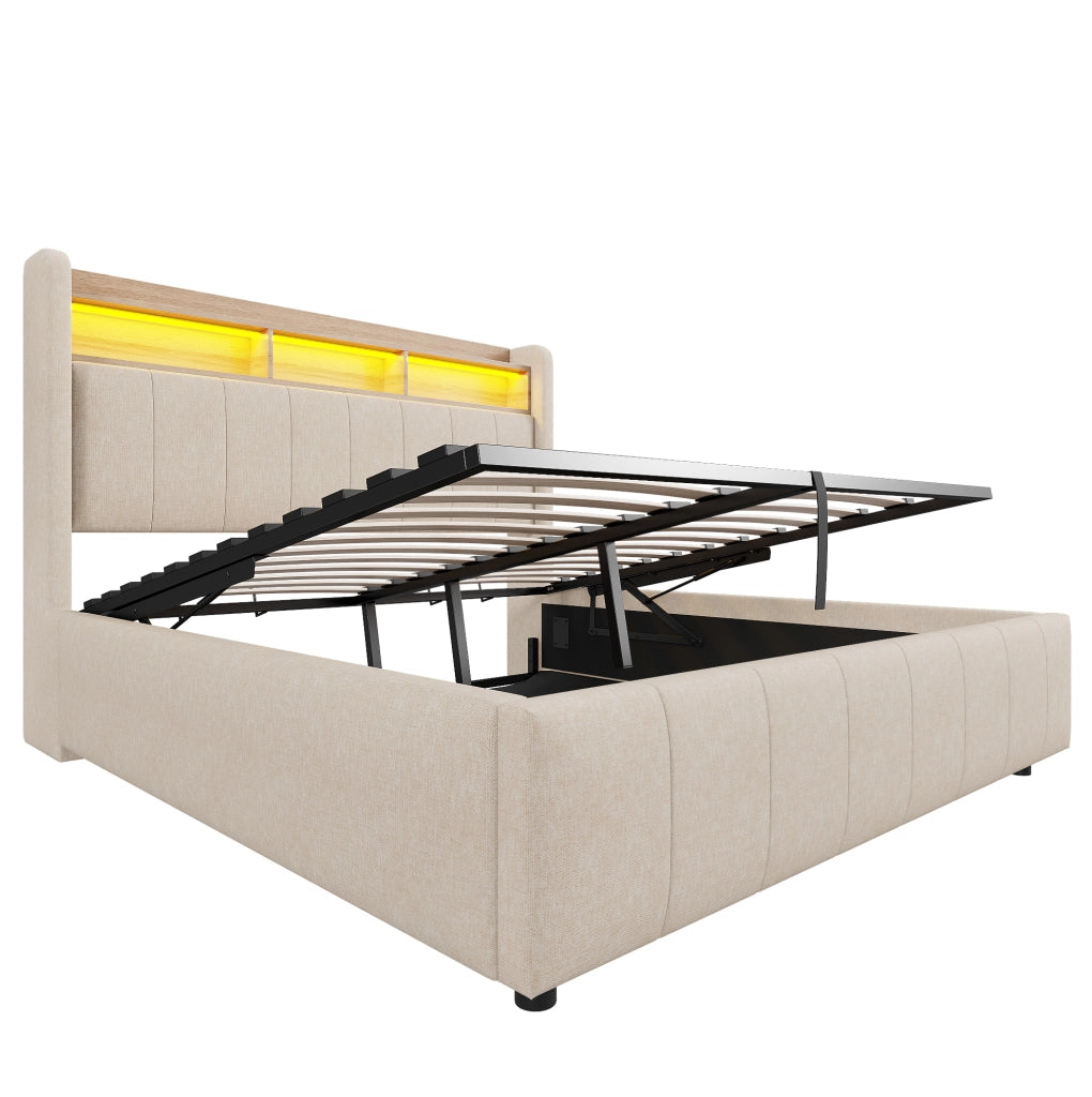 Letto matrimoniale imbottito 160x200 cm in tessuto effetto lino beige con LED; USB e contenitore