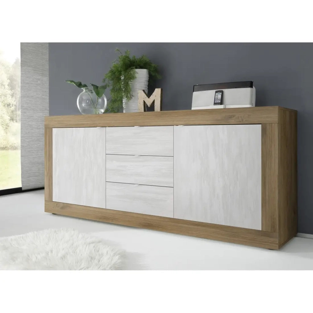 Credenza con 2 porte e 3 cassetti collezione ACCESS. Colori bianco e rovere scuro.