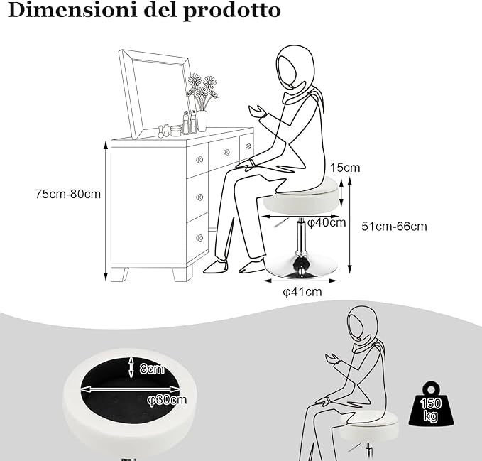 Sgabello Girevole Altezza Regolabile con Portaoggetti, Poggiapiedi Sgabelli da Trucco, Tavolino da Caffè, Sgabello da Lavoro Rotondo in Finta Pelle per Bar, Ufficio, Soggiorno, Camera (Bianco)