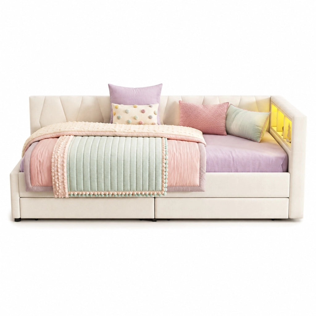 Letto singolo 90x200 cm beige in lino e MDF, LED USB Type C con 2 cassetti, senza materasso