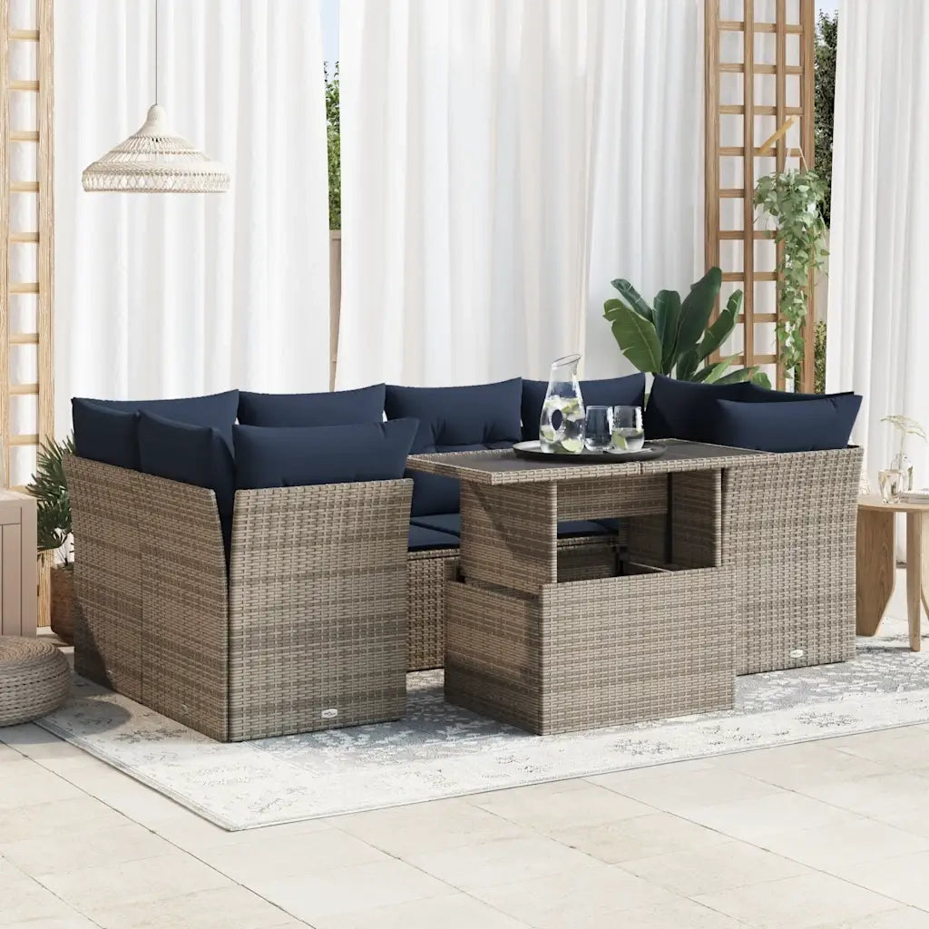 Set Divani da Giardino 7pz con Cuscini Grigio Polyrattan Acacia