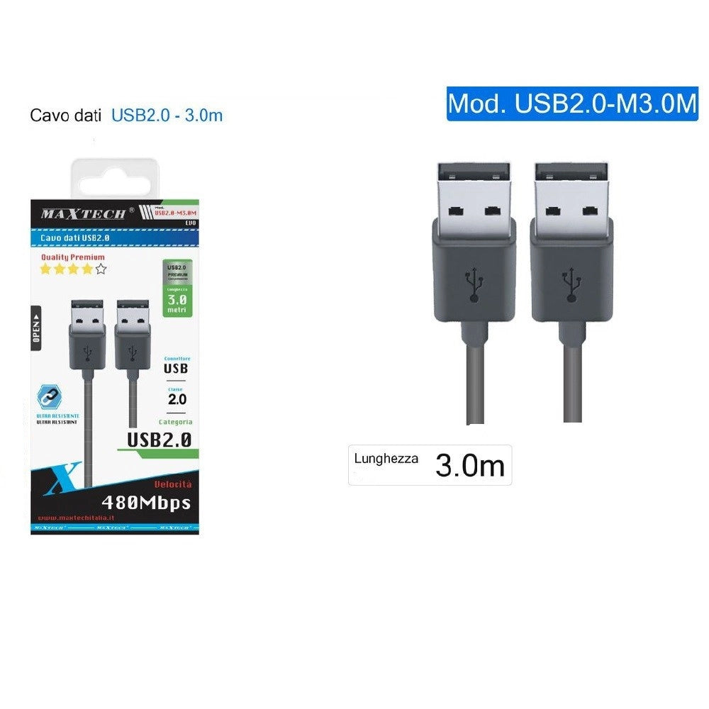 Trade Shop - Cavo Dati Doppio Usb 2.0 Maschio - Maschio Prolunga 3 Metri 480mbps Usb2.0-m3.0m -