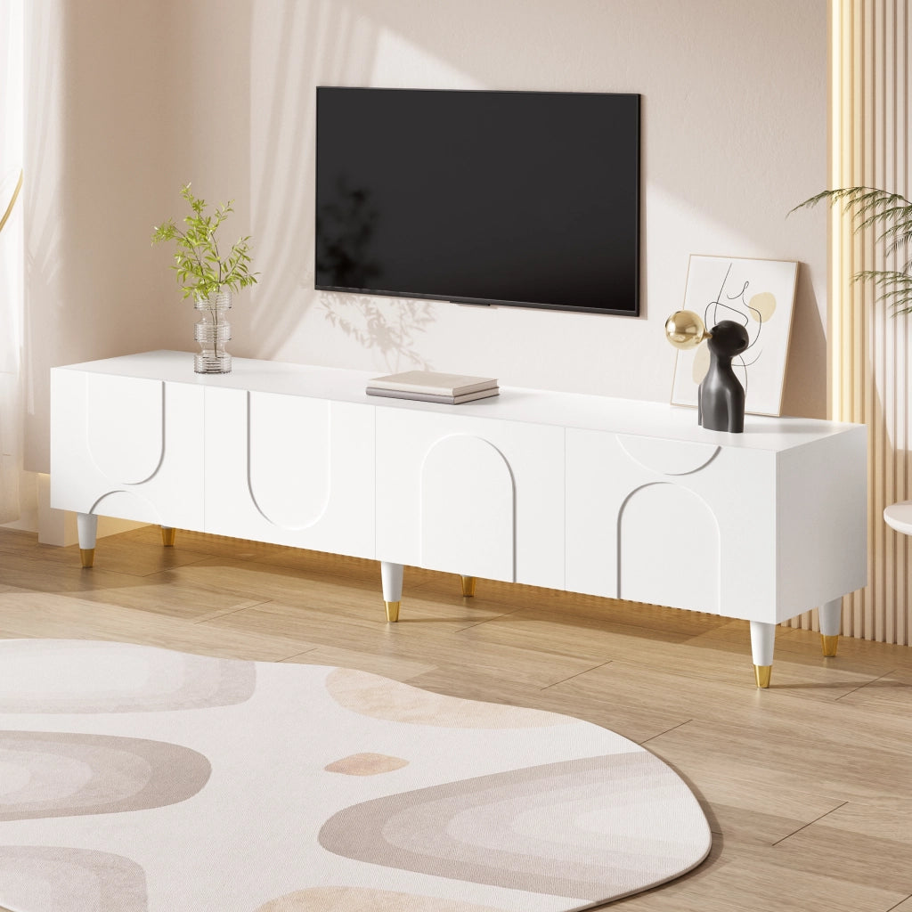 Mobile porta TV con 4 ante e vani, ripiano con passacavi, per soggiorno, in MDF e truciolare bianco 180 × 40 × 50 cm