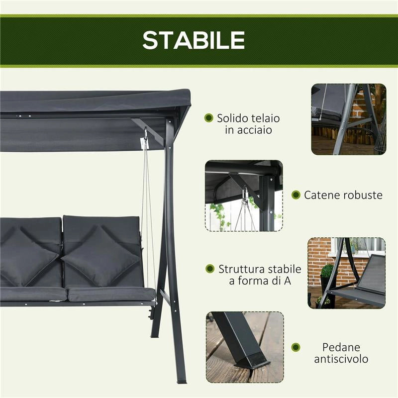 DONDOLO DA GIARDINO 3 POSTI CON TETTUCCIO REGOLABILE, IN ACCIAIO E POLIESTERE, 202X115X168 CM, GRIGIO SCURO