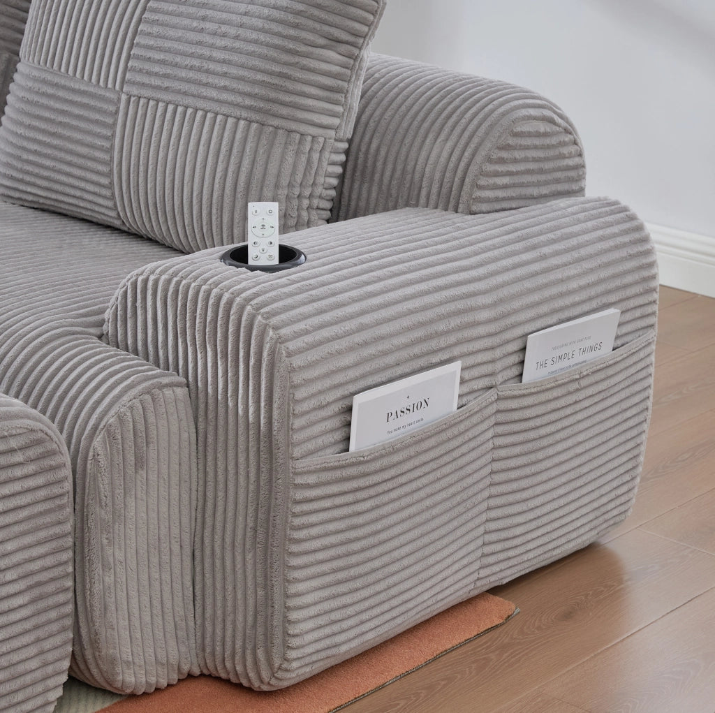 Divano 2 posti modulare in corduroy grigio chiaro 200x99x80 cm con portabicchieri e tasca laterale