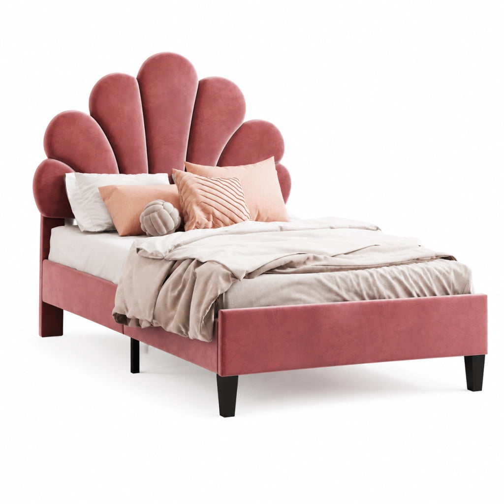 Letto imbottito 90x200 cm; testiera a fiore; velluto; rosso fagiolo (Senza materasso)