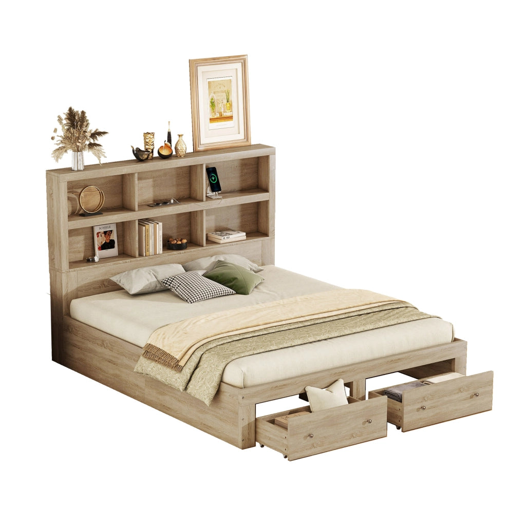 OKWISH Letto con Cassetti 160×200 cm, Letto Matrimoniale con USB, 2 Cassetti e 6 Mensole, senza Materasso, in Pannelli, Naturale