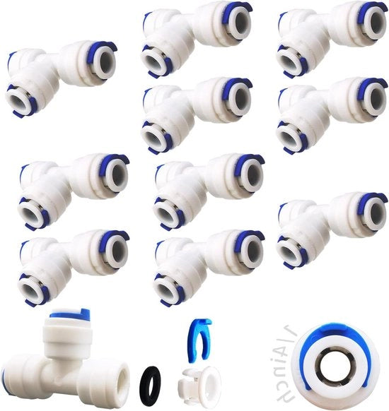 Adattatore di connessione per filtro acqua RO, 635 mm, con connessione a push 1/4", stekker rettilinea per impianto idrico, per applicazione su tubo del frigorifero, con T (10 pezzi)