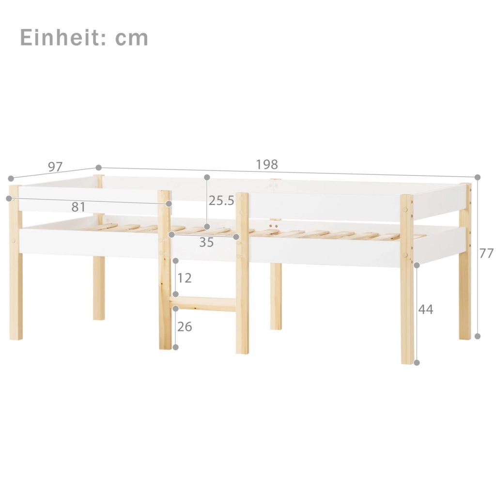 Letto semialto per bambini con sponde di sicurezza 90x190 cm in legno massello bianco