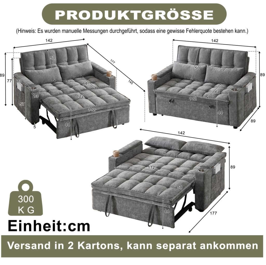 DIVANO Letto 3 in 1 Trasformabile 142 cm Grigio in Chenille